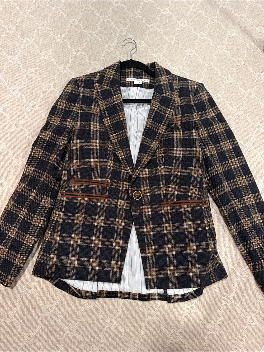 Size 8 Veronica Beard Navy and Camel Plaid Single-Button Blazer